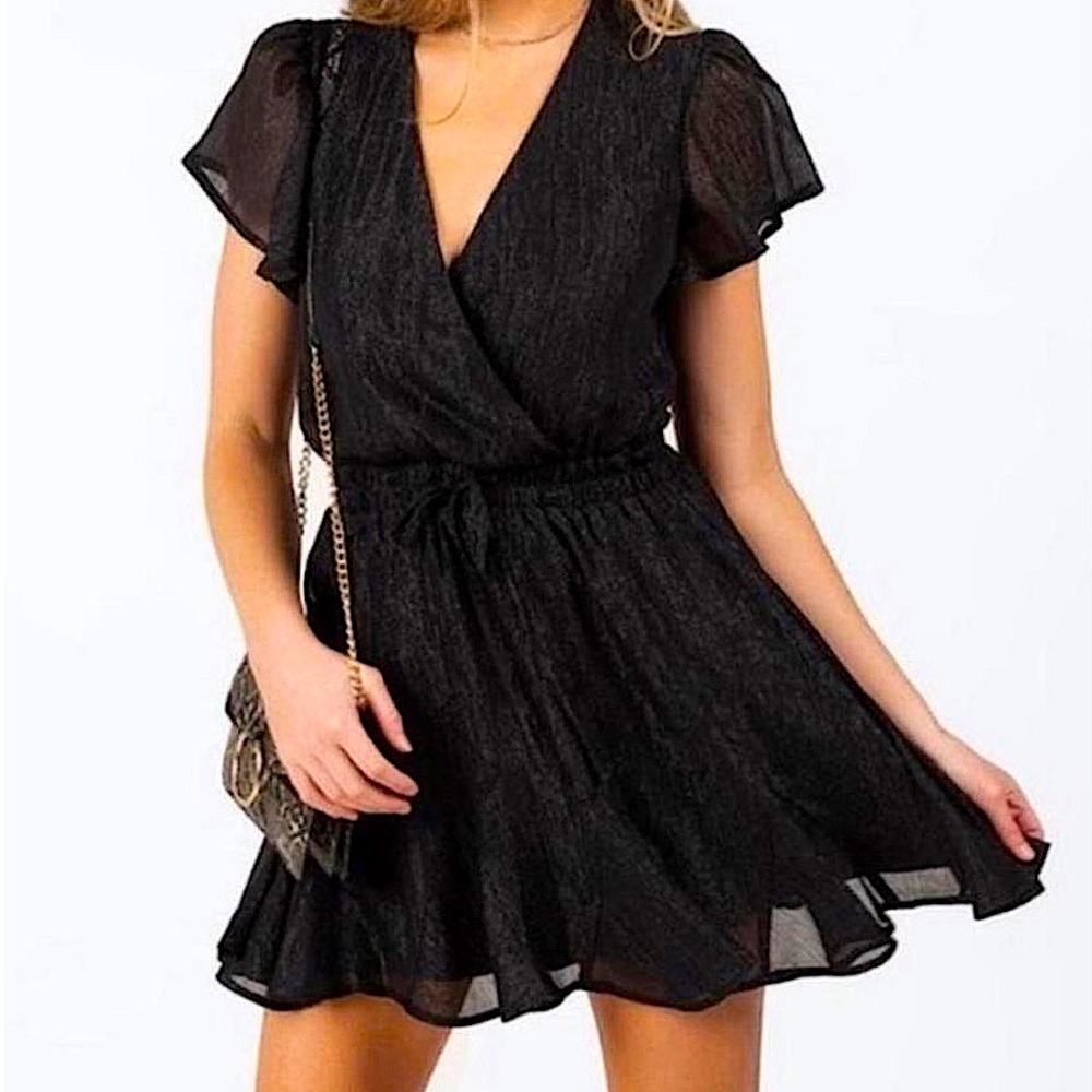 Francesca’s Trixxi V-neck Mini Black Party Dress with Ruffles and Shimmer